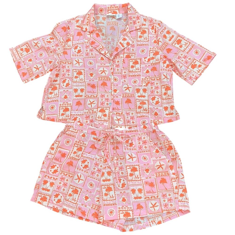 Sigrid Olsen Sleepwear Pajamas Set‎ Small Pink Orange Beach Shorts Collar Button